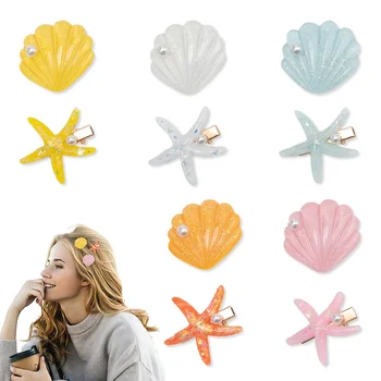 แฟชั่นประดิษฐ์มุกปลาดาวเปลือกหอยคลิปผมสําหรับหญิงสาวชายหาด Headdress สีสันด้านข้าง Bangs Barrette