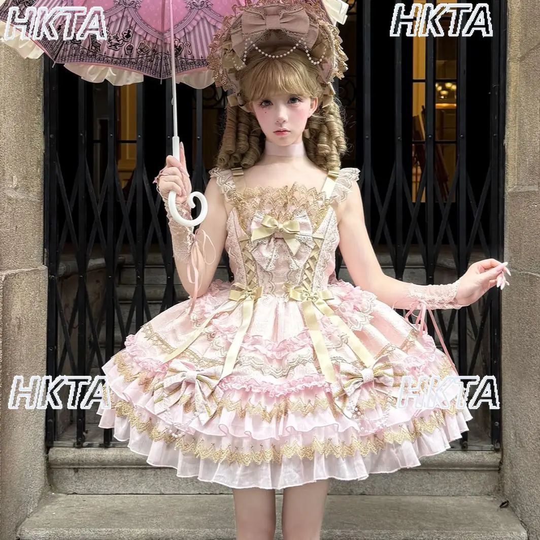 

Japanese Style Lolita Mini Dress Doll Sense Elegant Princess Birthday Lace Pleated Bow Gorgeous Pink Jsk Suspender Dress Women
