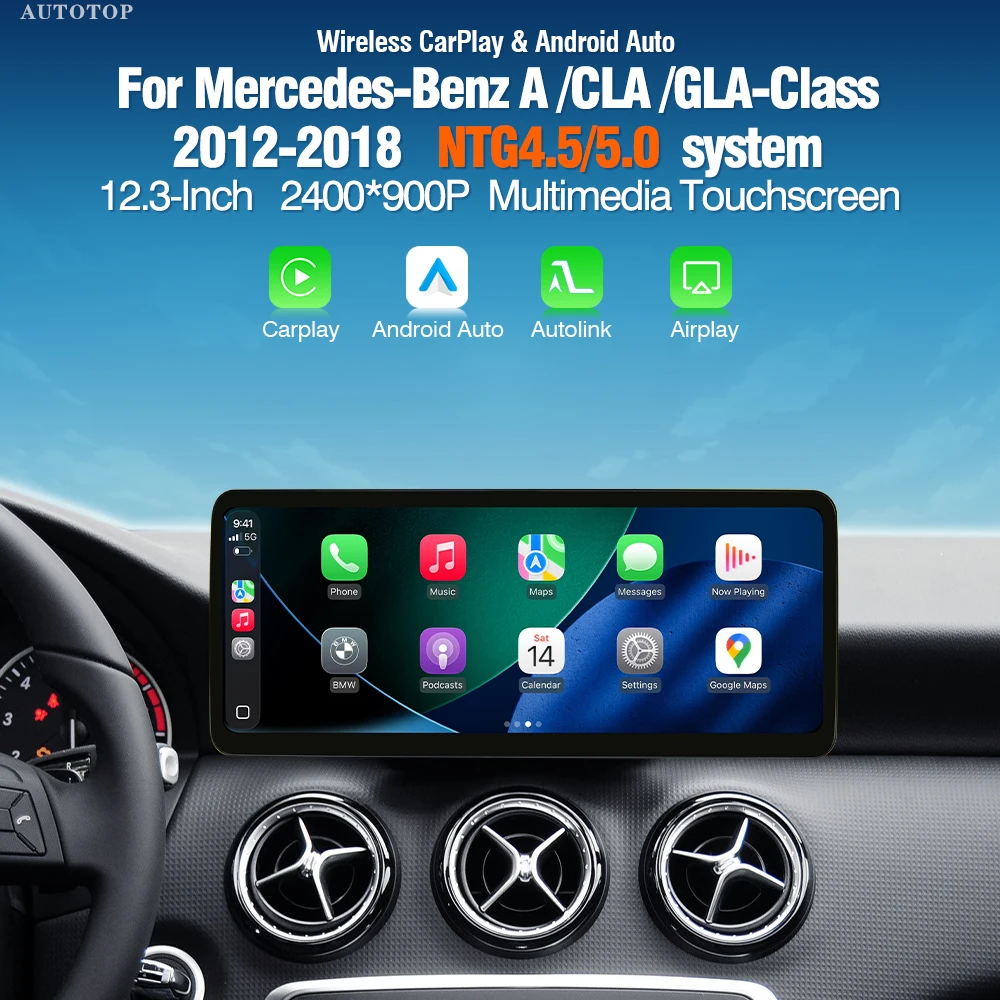 AUTOTOP Écran tactile 12,3 pouces 2400*900, autoradio sans fil CarPlay Android Auto pour Mercedes Benz Classe A W176 CLA C116 GLA X156 NTG4.5 2012-15 / NTG5.0 2016-18, système intelligent multimédia Bluetooth MirrorLink AUX pour voiture
