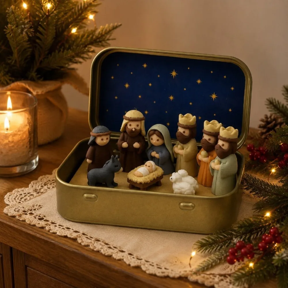 3D Printed Christmas Nativity Figurine Set Tin Box Pack Tabletop Statue Religious Scene Desk Home Decor Holiday Xmas Party Gifts
