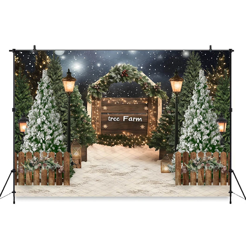 Mocsicka Christmas Tree Backdrop Washable Without Fading Winter Snow Farm Photography Background Green Forest Lamp Decors Banner