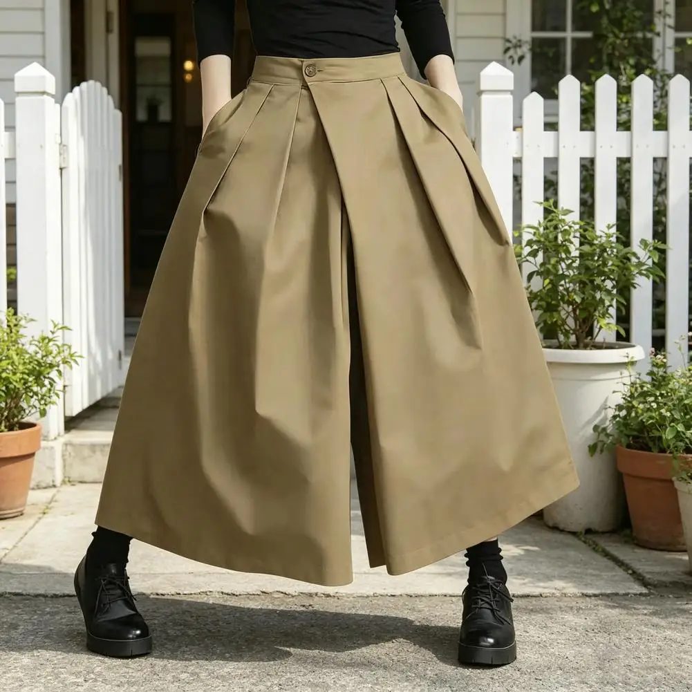 

Summer Women Pants Wide Leg Pleated Design Casual Trousers with Elastic High Waist Pure Color Leisure Pants