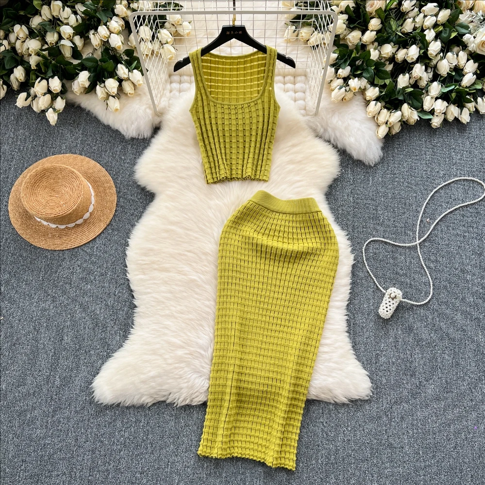 

Casual Two Piece Sets Women Summer Square Collar Top Elastic Waist Long Skirt Fashion Office Lady Korean Knit Suit Y2k Outfit