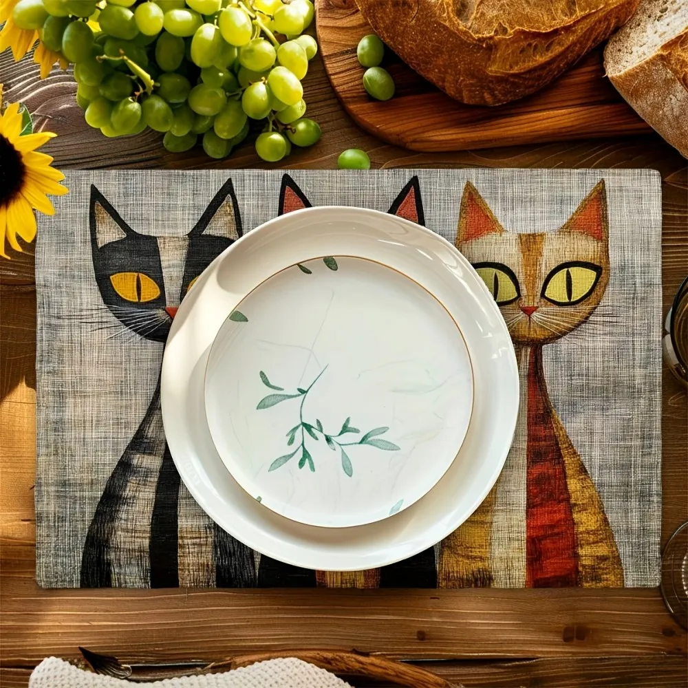 VIKAMA 4-Piece Table Mat Set Stylish Cat-Print Washable Table Mats Perfect for Kitchen & Holiday Decor Retro Home Tableware
