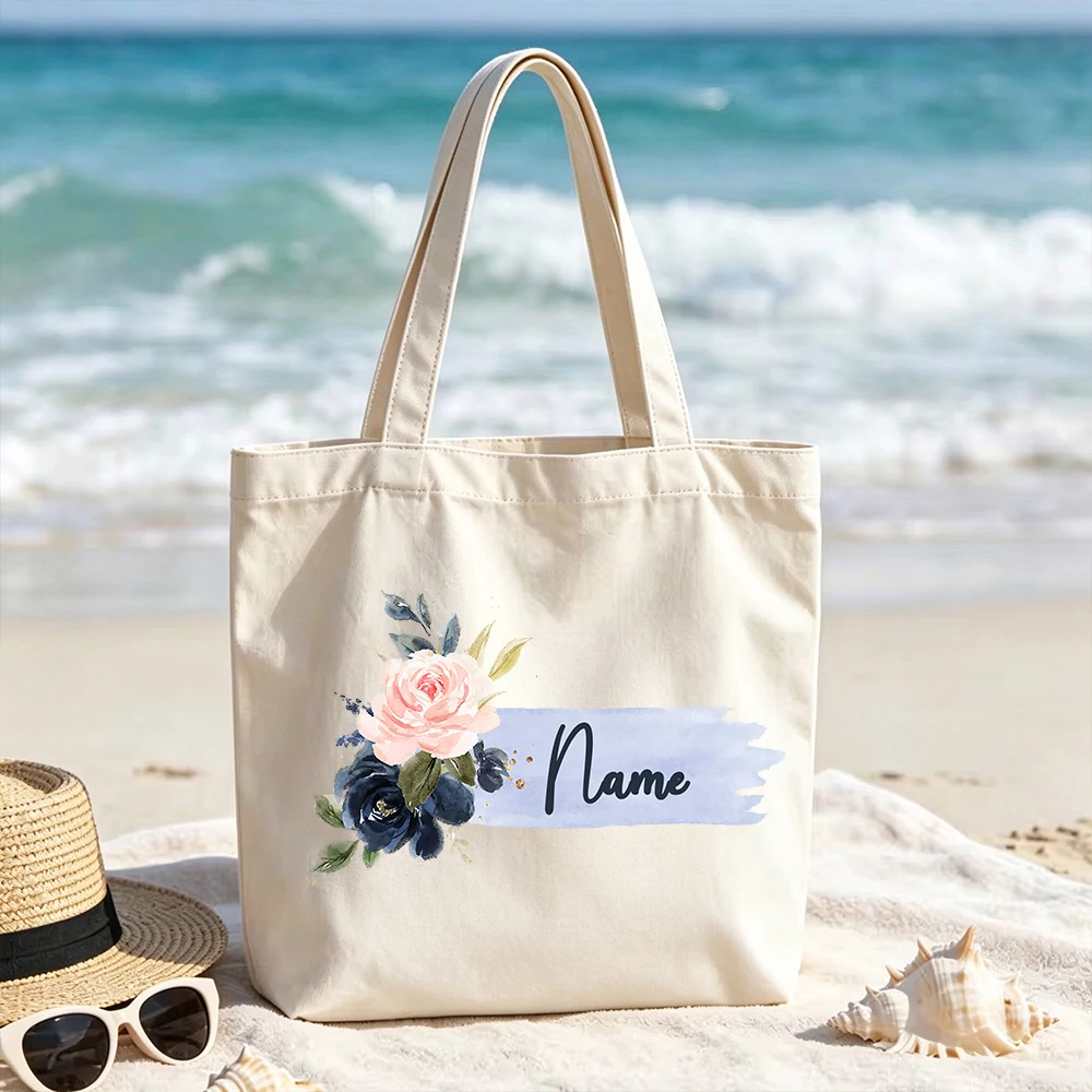 Personalized Watercolor Floral Canvas Tote Bag Custom Name Flowers Grocery Shopping Bag for Women Girls Bridesmaid Wedding Gifts