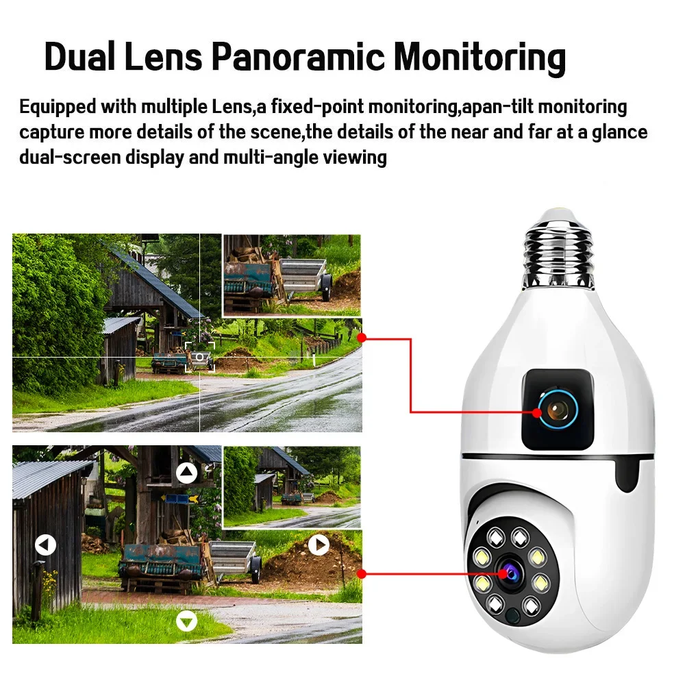 4K 8MP E27 Bulb WiFi Camera Dual Lens Dual Screen Auto Tracking Two Way Audio Color Night Vision 4MP Surveillance Camera YIIOT