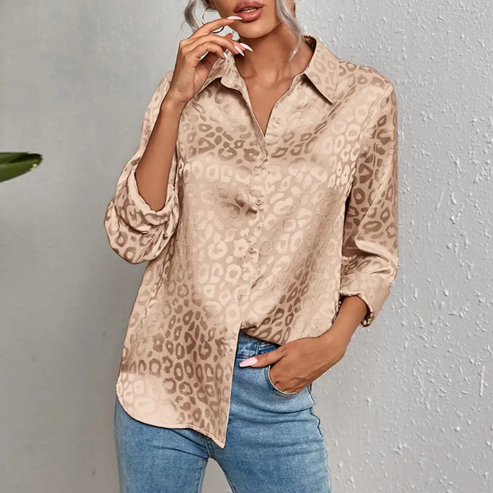 Loose Fit Leopard Print Top Leopard Print Long Sleeves Lapel Cardigan Women\'s Formal Business Style Blouse For Spring Smooth