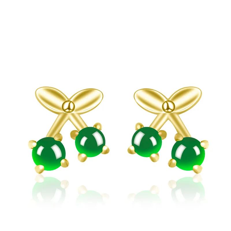 

Natural authentic A-grade jade cherry earrings, Yang green ice seed jade S925 silver inlaid fashionable women's new jewelry