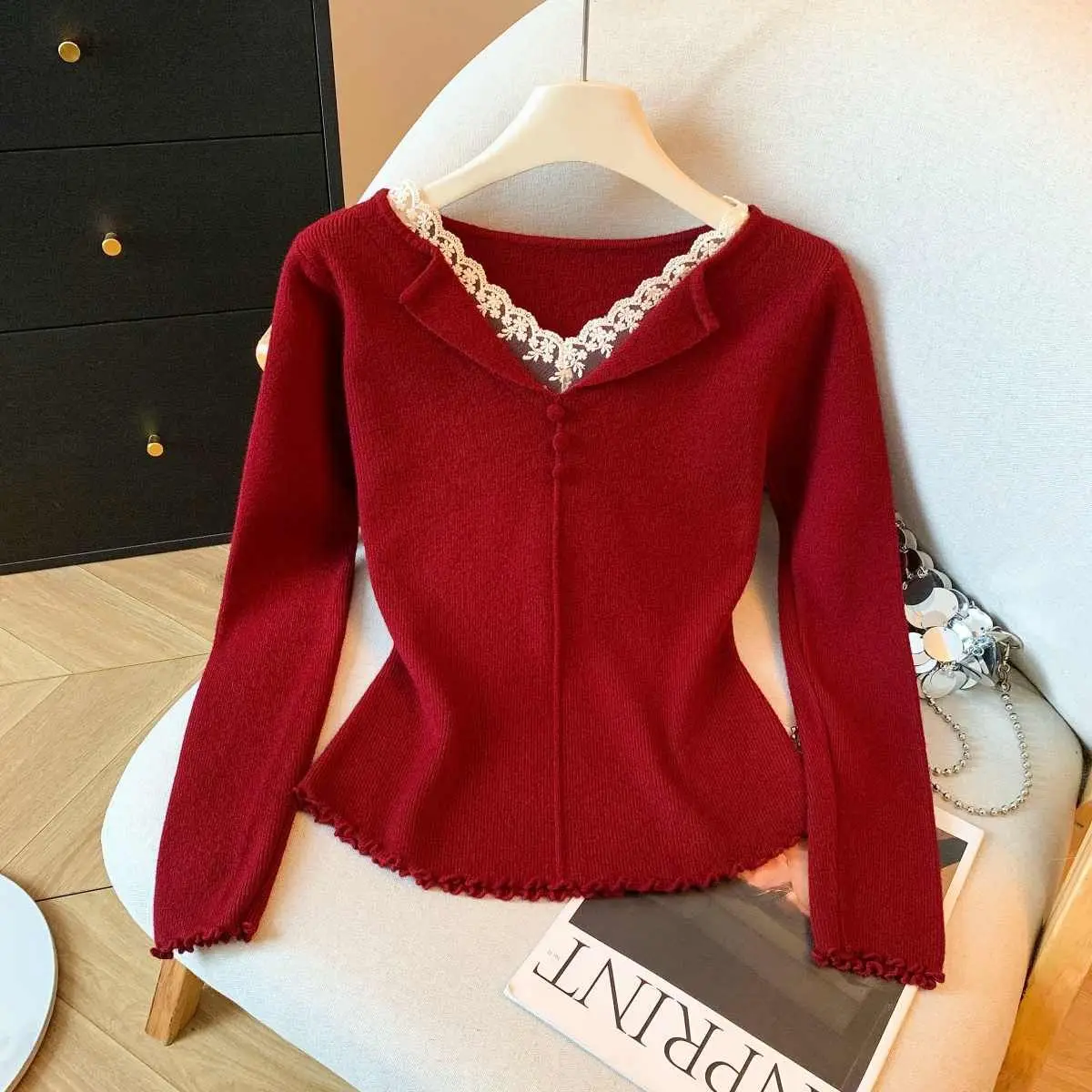 Ladies Faux Lapel Knitted Tee Lace Inner Layer Long Sleeve Wave Hem Slim Casual Pullover Tops
