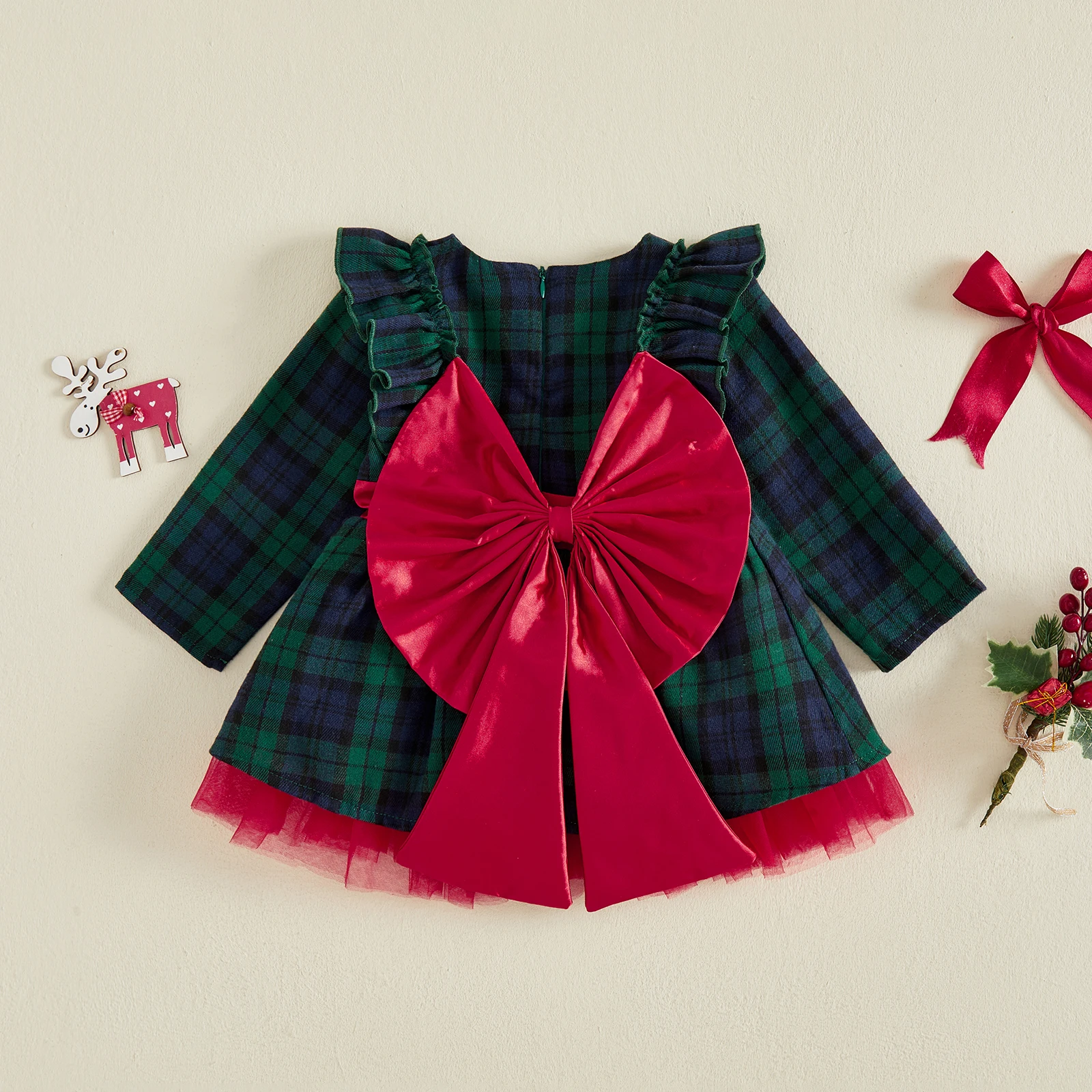 Toddler Baby Girls Christmas Dress Princess Kids Plaid A Line Crew Neck Long Sleeve Party Tulle Dress Xmas Gifts Outfits