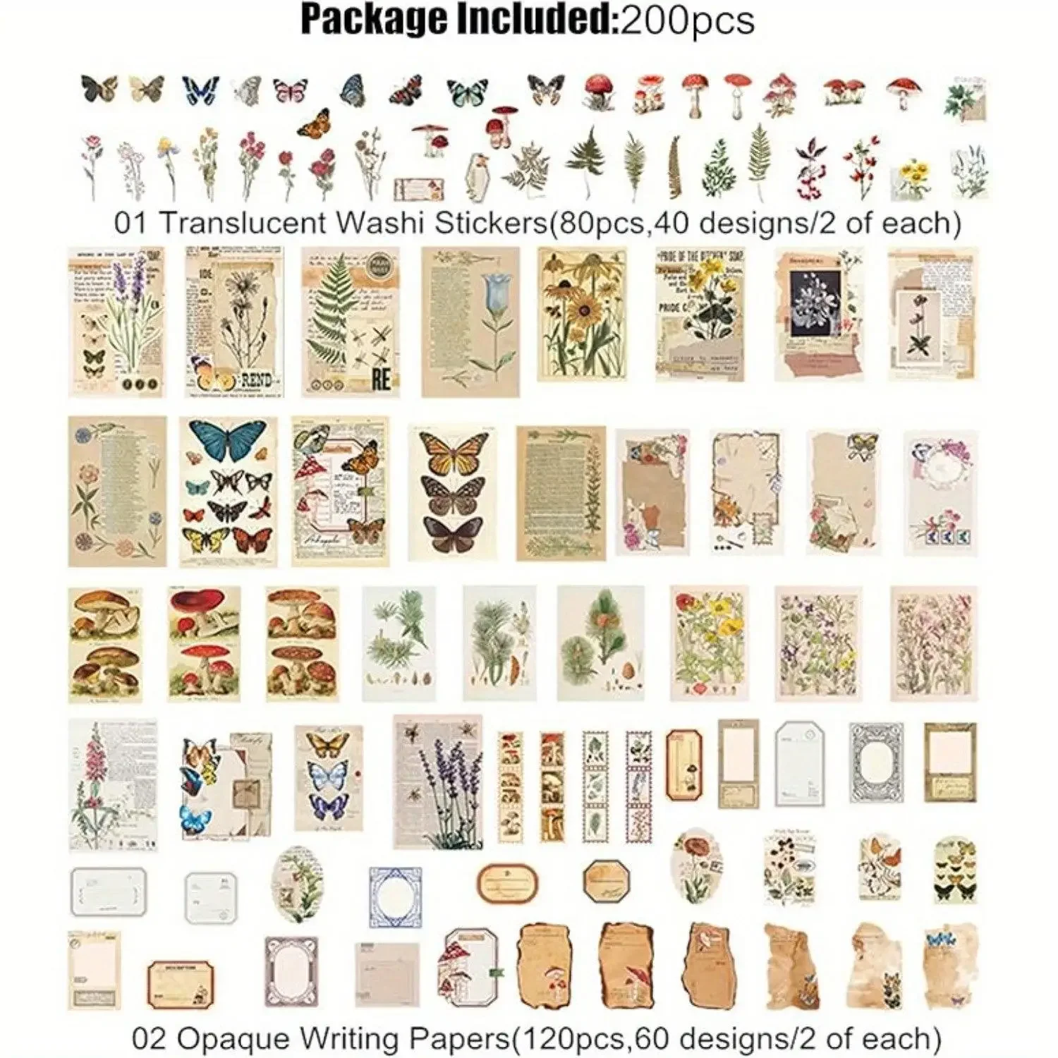 Nature-Inspired Scrapbooking Kit - 200-Piece Ephemera Set with 80 Washi Stickers, 120 Papers - Butterfly Garden, Botanical Prints, Vintage Elements, Woodland Creatures - Office Stationery for Customization, Mini Projects