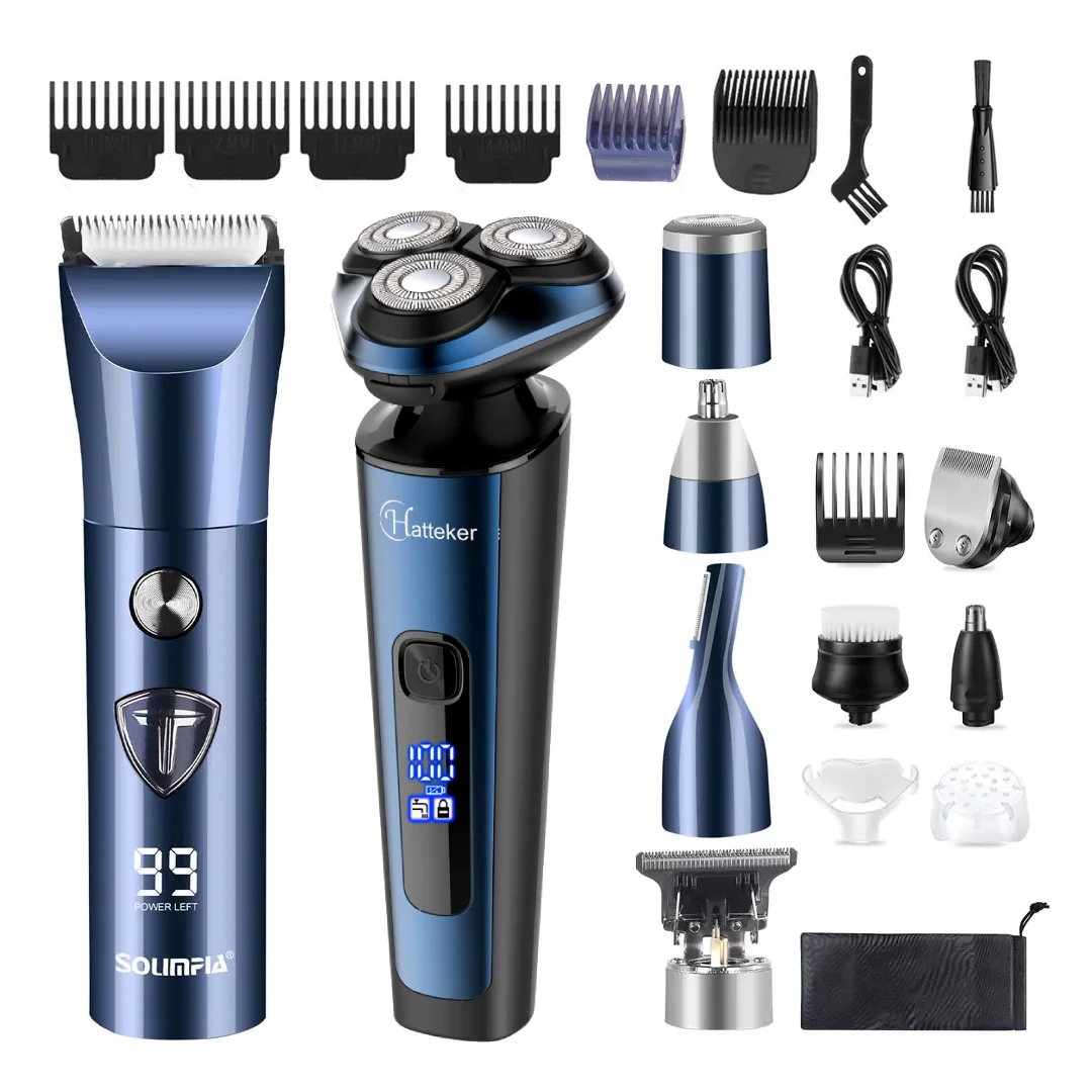 Hatteker 2-in-1 Haarschneidemaschine Pflegeset mit LED-Anzeige USB-Aufladbar Multifunktionaler Elektrischer Rasierer und Trimmer-Set für Männer
