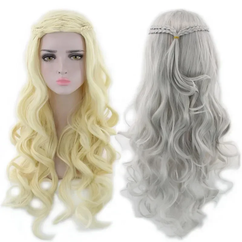 Synthetic Cosplay Wig Daenerys Targaryen Silver Long Curly Weave Gold Headpiece Halloween Party Fancy Dress