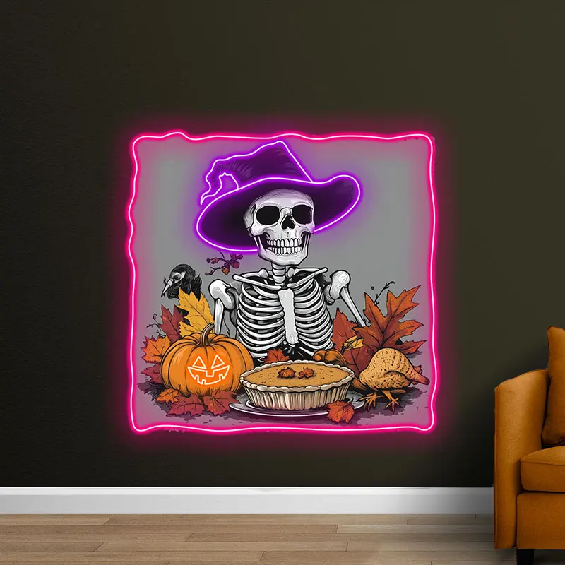 Thanksgiving Skeleton Feast Neon Light – Skeleton with Pumpkin & Pie, Bold Neon Art for a Fun Twist on Fall & Thanksgiving Decor