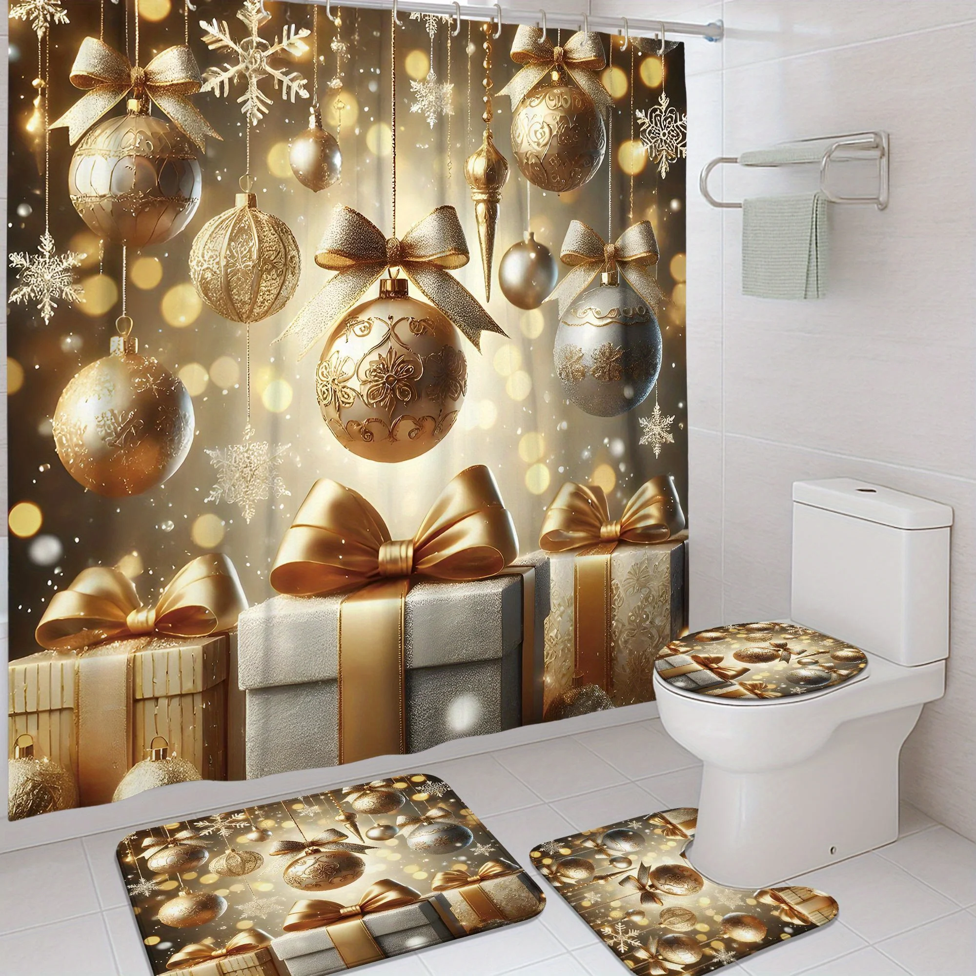 4Pcs Xmas Winter Ball Gift, Luxury Gold Shower Set, Includes Curtain & Mat, 12 Hooks, Non-Slip Mat, U-Shaped Toilet Cover
