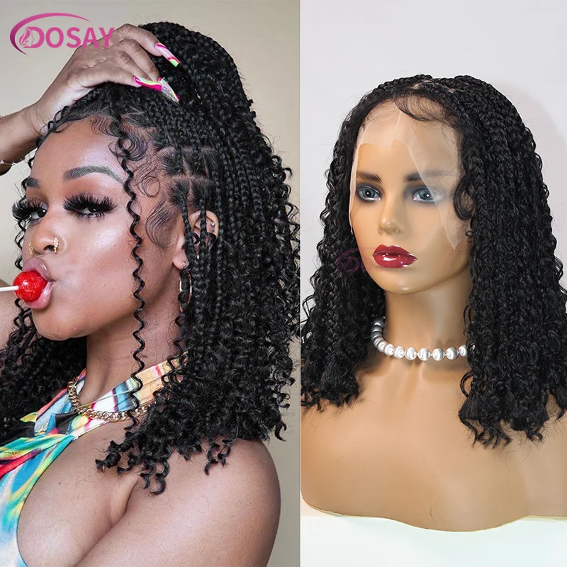 12 Inch Short Synthetic Curly Wigs 360 Full Lace Braided Wigs Boho Knotless Braids Wigs Goddess Box Wig Pre-Pluck Baby Hair