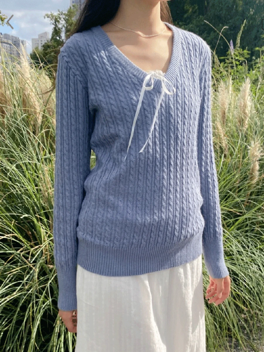 

Синий вязаный свитер с витым цветком, женский весенний хлопковый пуловер с v-образным вырезом и длинными рукавами, винтажные простые однотонные базовые джемперы, новинка