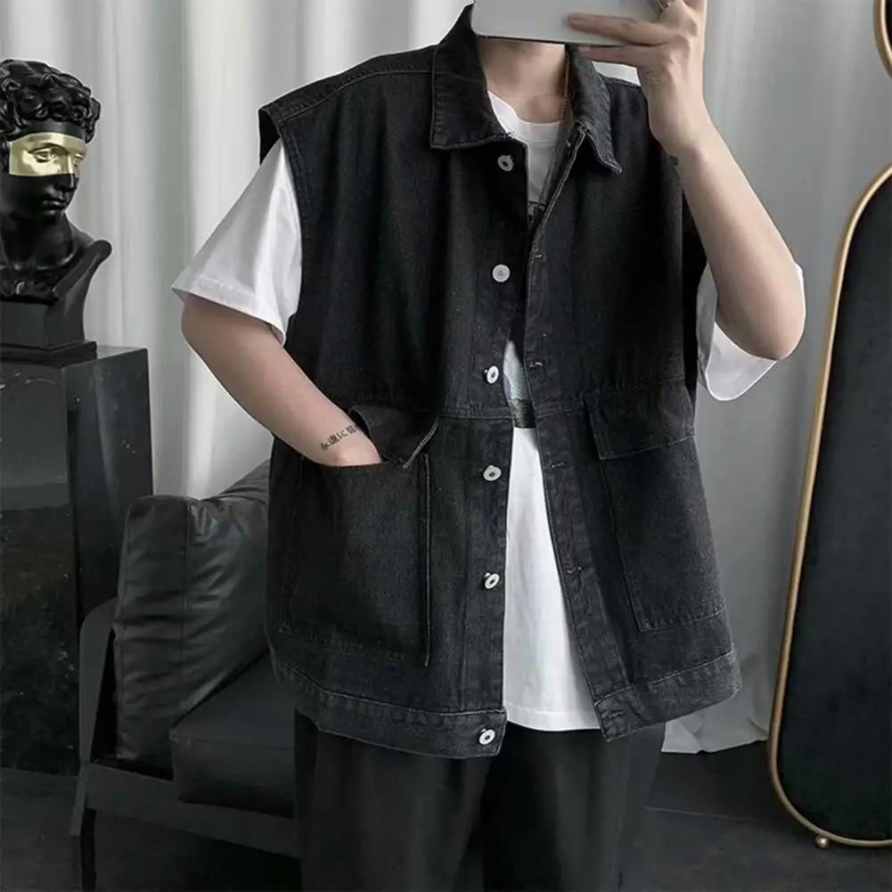 Men Summer Denim Vest Coat Lapel Sleeveless Single Breasted Large Pockets Design Denim Waistcoat Washed Cargo Waistcoat