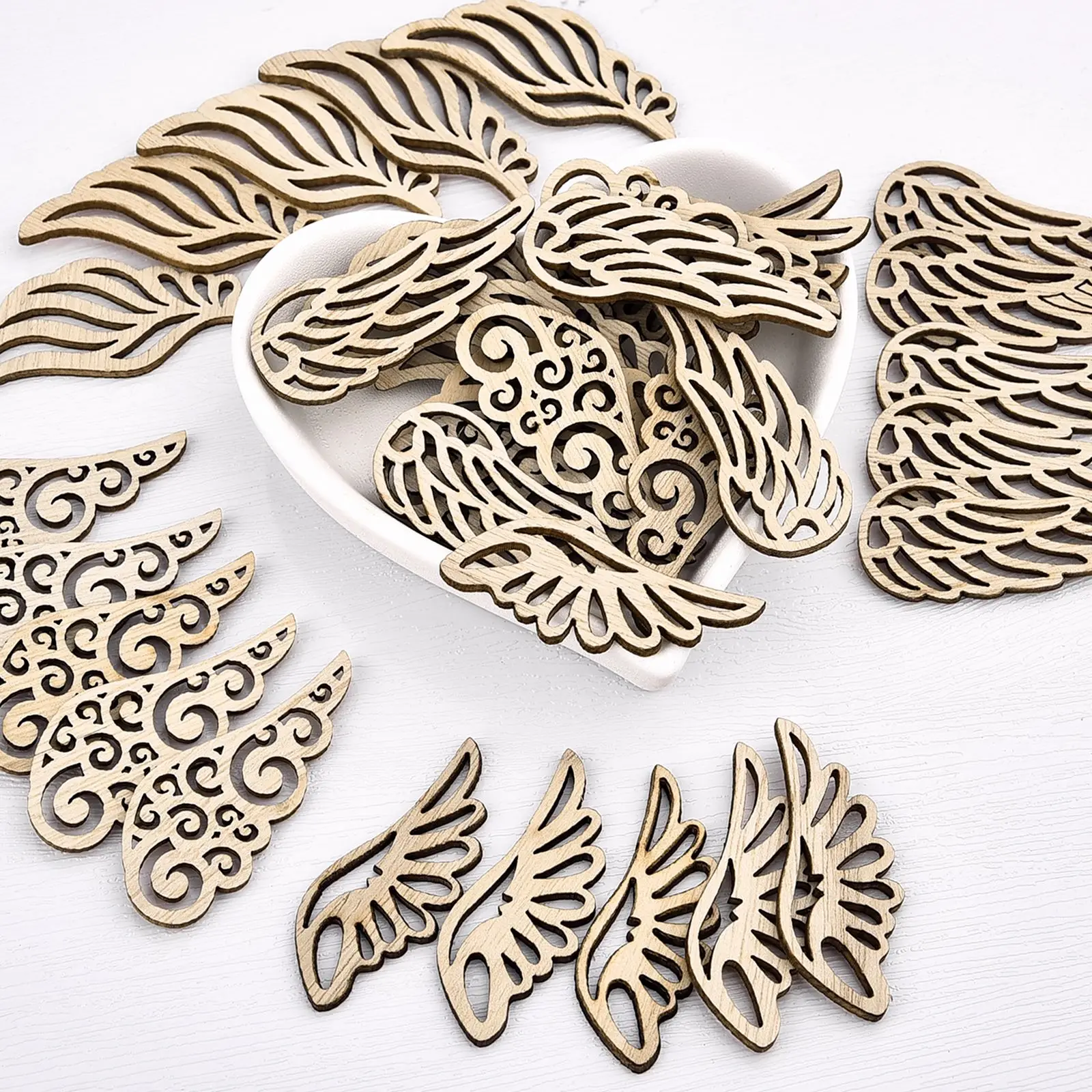 10Pcs Angel Wings Hollow Wooden Chips Handmade Decorative Embellishments Craft DIY Scrapbook Clothes Graffiti Button Accessories