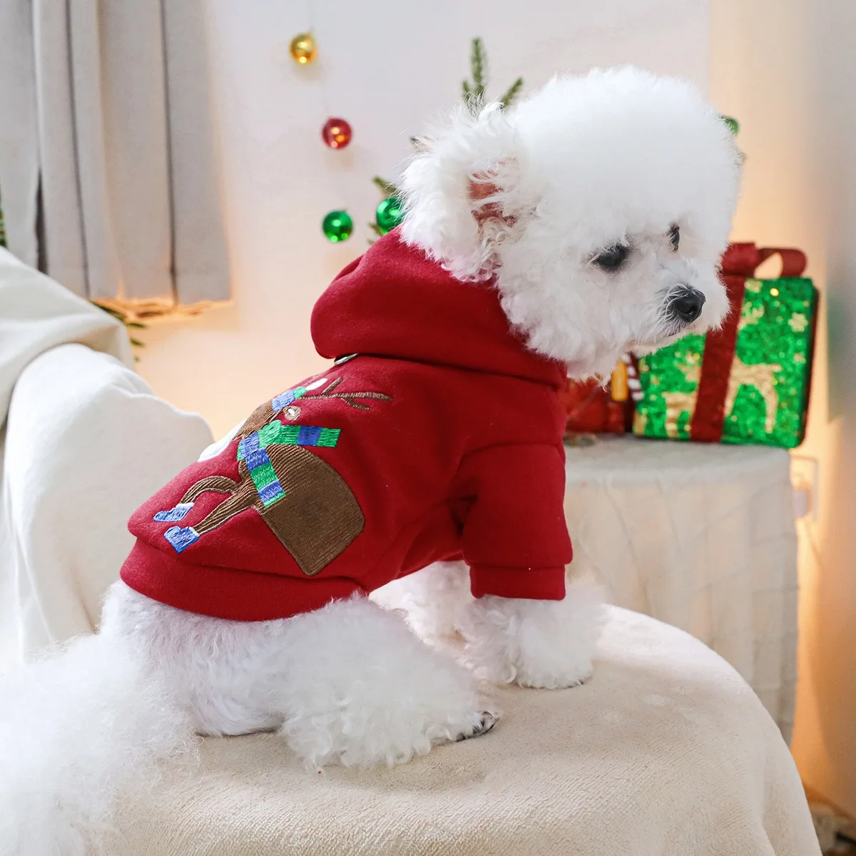 

Classic Moose Embroidered Dog Clothes Winter Warm Pet Sweatshirt Animal Embroidered Hoodie Teddy Christmas Clothes