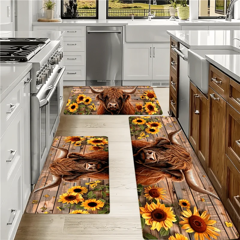 Cow & Sunflower Doormat, Farmhouse Kitchen Rug with Wooden Fence, Machine Washable Polyester Door Carpet Mat