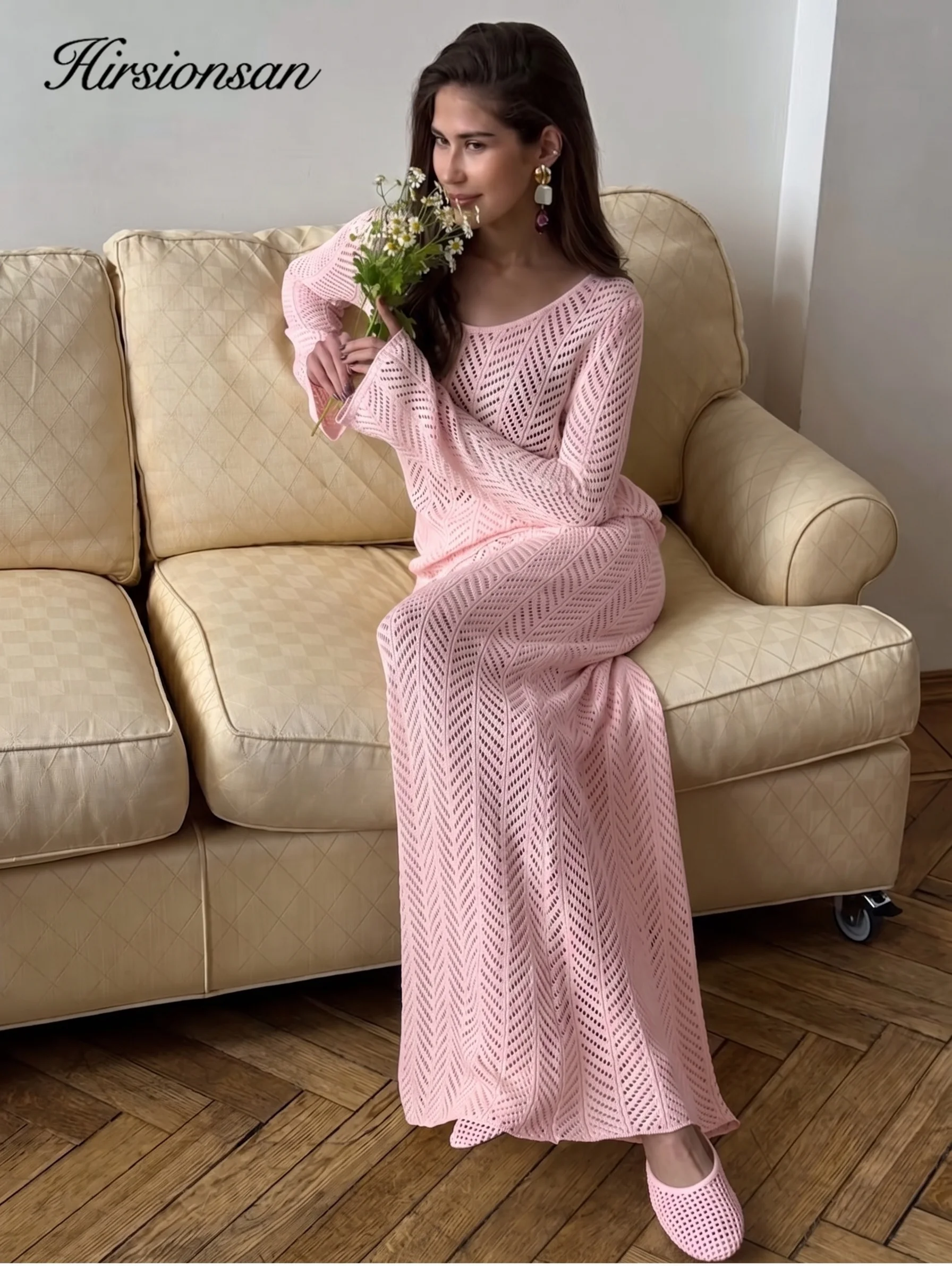 2026 New Vacation Style Hollow Knitted Half Skirt Pure Cotton Hollow Long Sleeve Top Two Piece Set