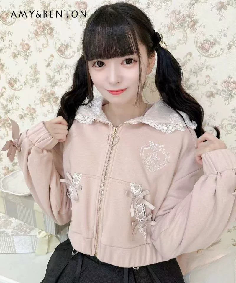 Japanese Style RJ Lace Love Hooded Bow Cute Embroidered Zip Up Hoodie Lolita Mine Series Mass Production Short Hoodies Women