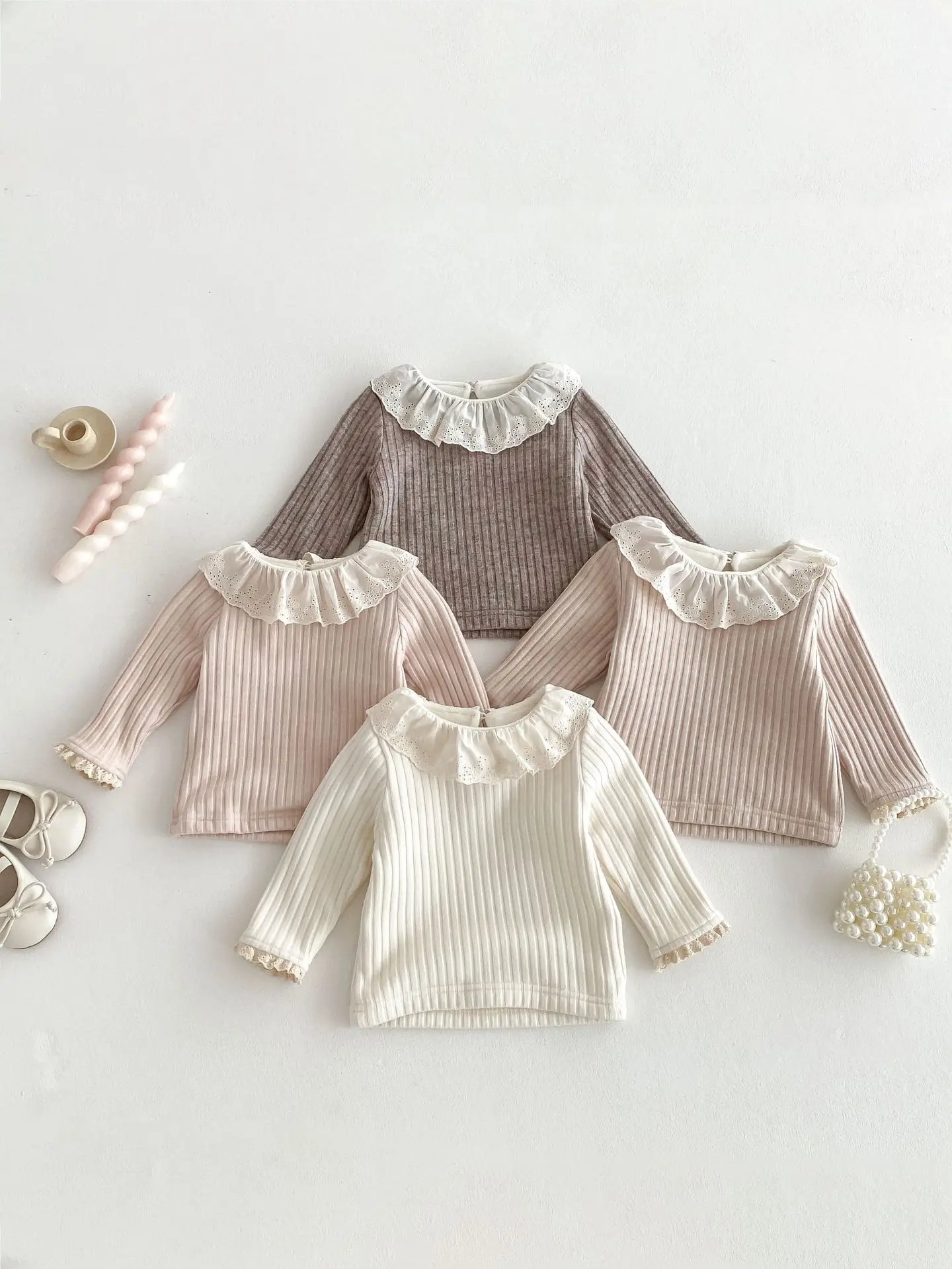 2025 Winter New Baby Girls Fleece Lace Collar Bottoming Shirt Infant Solid Casual Warm Tops Toddler Girls Plus Velvet Thick Tees