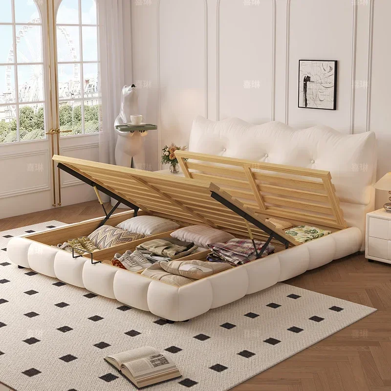 

Beige Waterproof Double Bed Frame Princess Europen Modern Storage Double Bed Full Size Headboards Cama De Casal Furniture