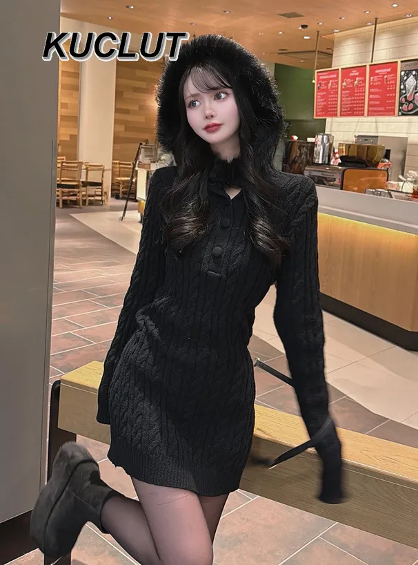 

Japanese Style Fur Collar Casual Short Girls Knitted Dress Fashion Solid Color Autumn Winter Long Sleeve Dresses for Women