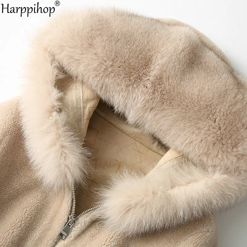 Harppihop Real sheep fur coat jacket overcoat women\'s winter warm genuine fur coats overcoat