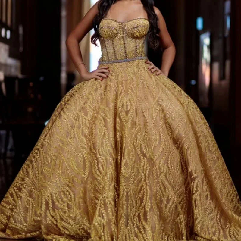 

Luxury Gold Yellow Special Occasion Wear Crystal Ball Gown Women Prom Birthday Party Dress Vestido 15 Quinceanera 16 Customized