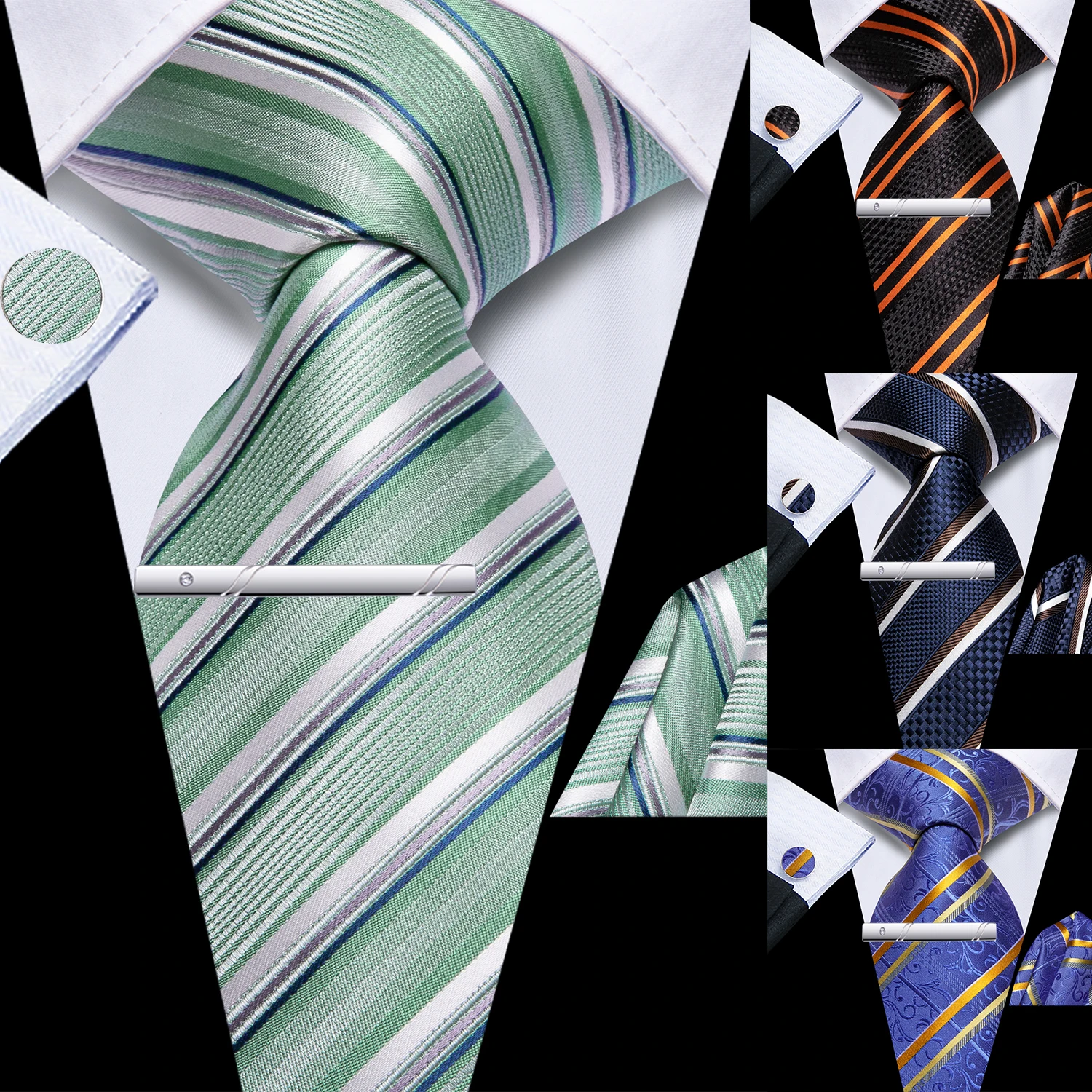 Hi-Tie Mens Tie Set Mint Green Blue Orange Purple Silk Wedding For Men Fashion Striped Quality Hanky Cufflink Dropshipping