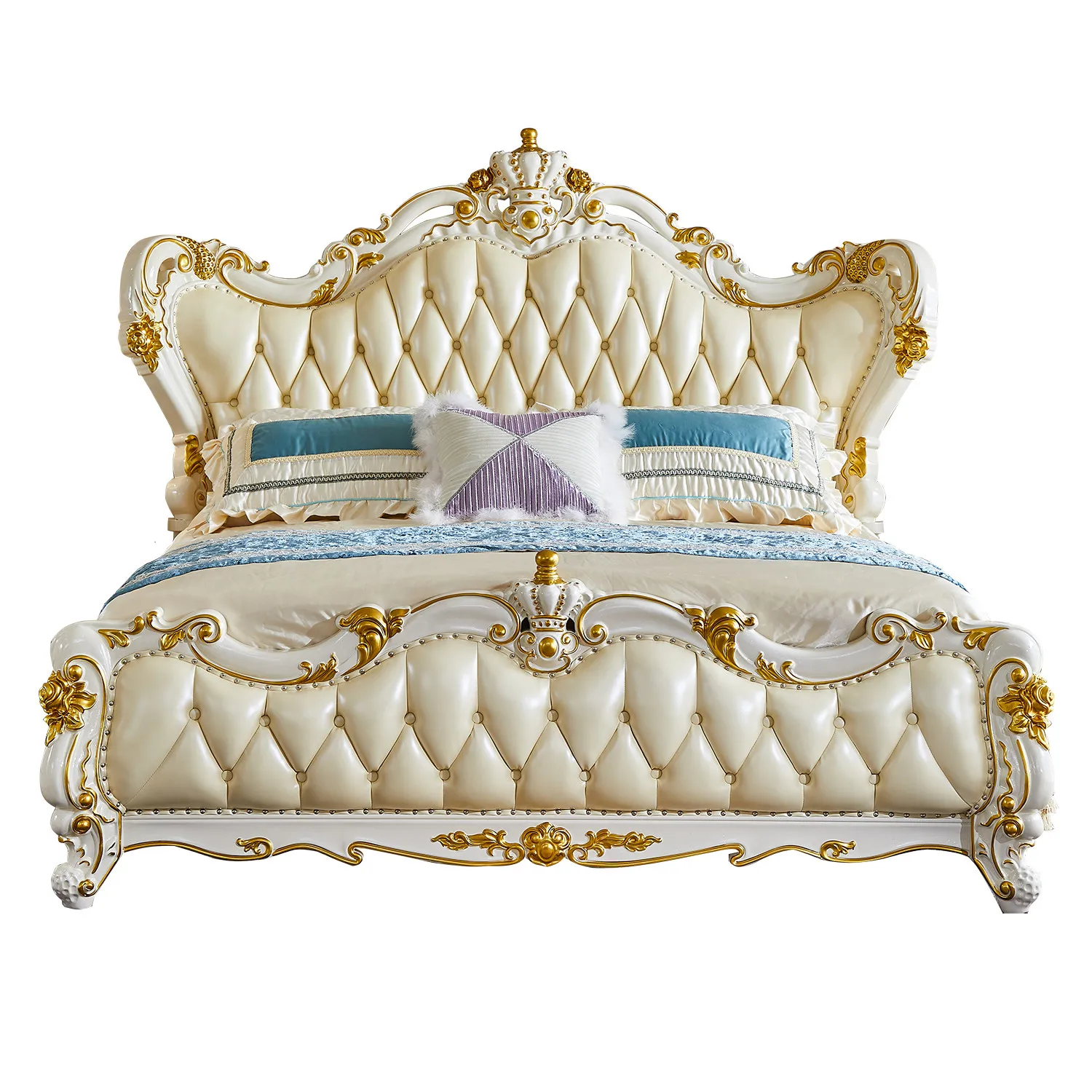 European All Solid Wood Bed 1.8 Meters Leather Double Bed Crown Carved Princess Bed Luxury Wedding