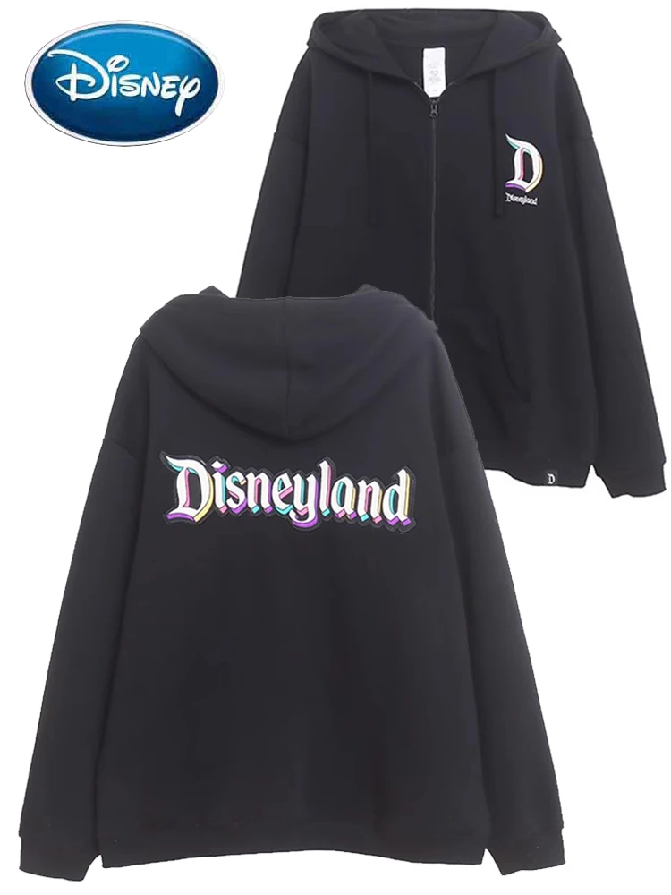 Disneyland Letter Print Colorful Embroidery Anniversary Sweatshirt Unisex Couple Women Zip Pocket Hooded Jumper Tops Black