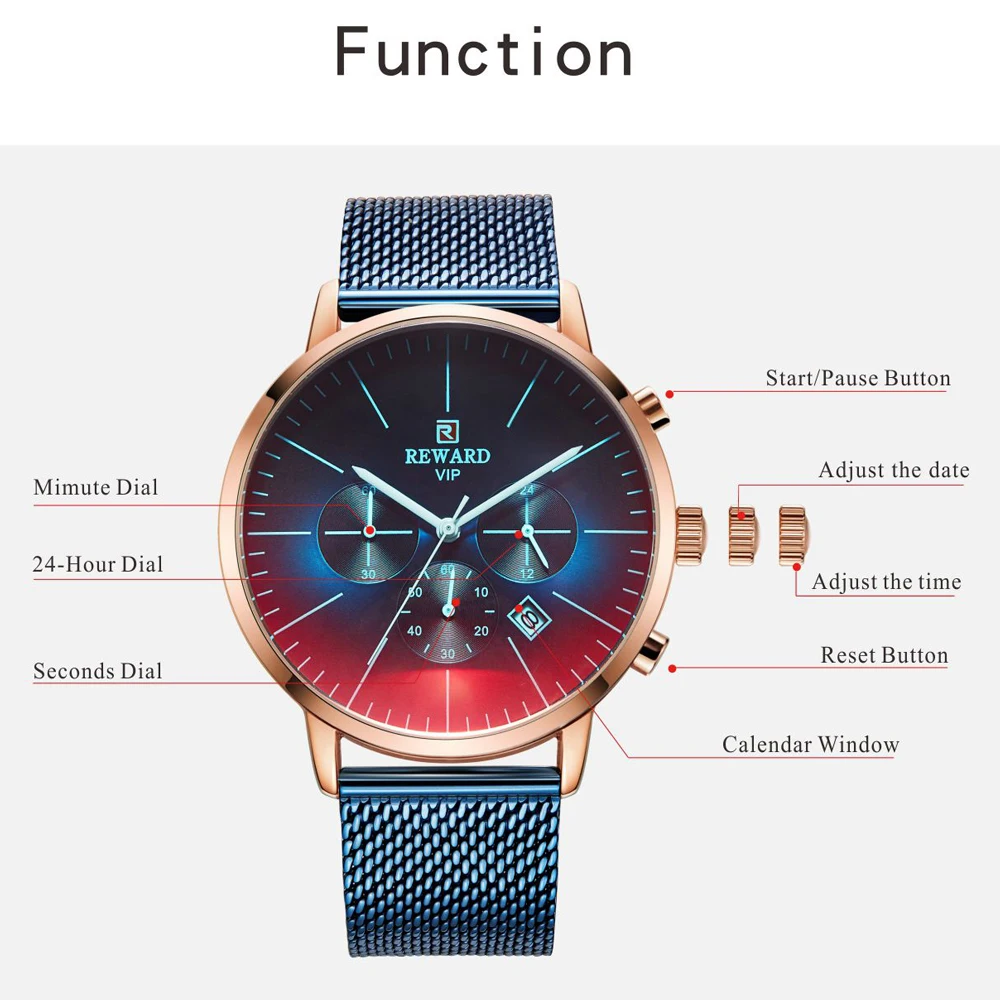 REWARD Men’s Watches Top Brand Sport Watch Luxury Men Stainless Steel Mesh Quartz Wrist Watches Chronograph Design Male Clock