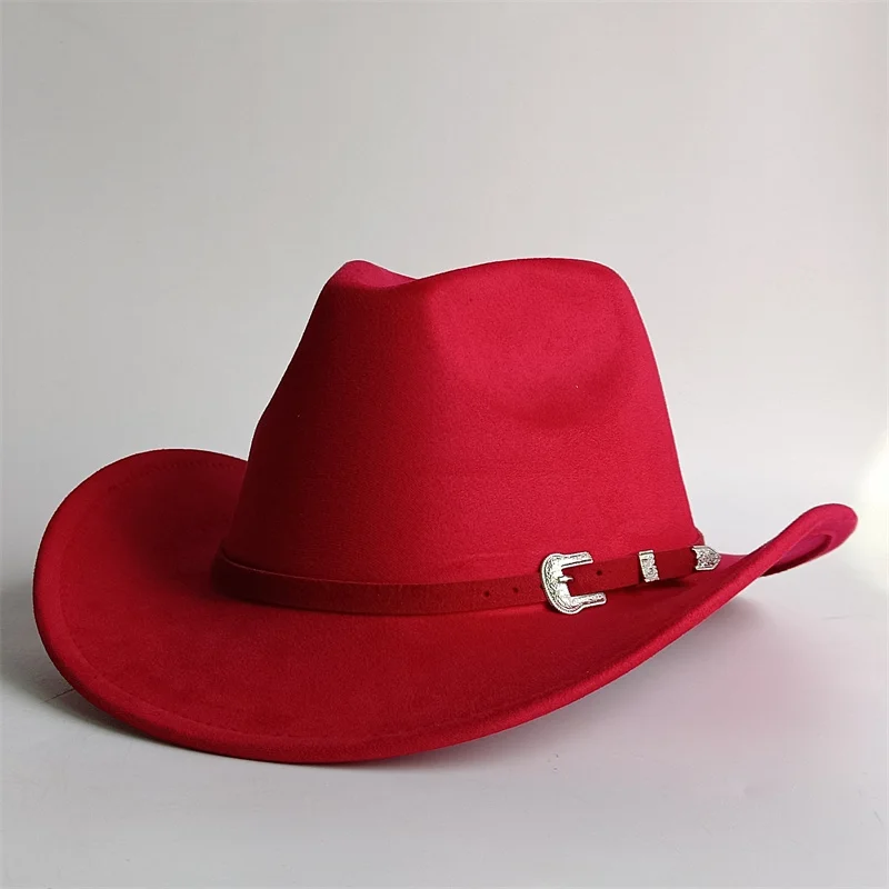 Red 58cm Cowboy Hat  Leather Belt And Hat Color Cowboy Hat New  Suede Material Water Drop Top Men's and Women's Knight Hat