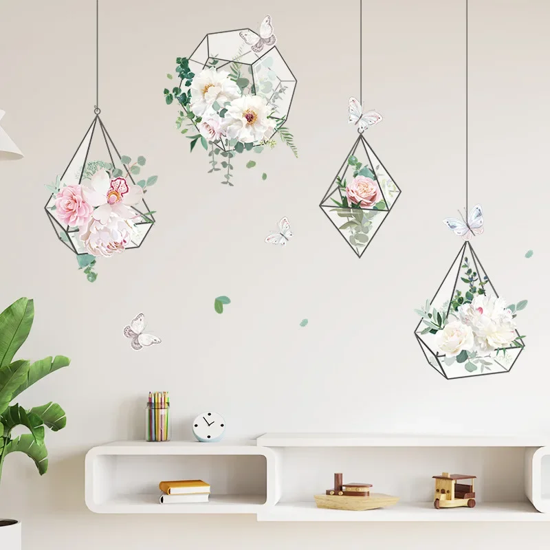 Fresh Flowers Hanging Basket Wall Stickers Living Room Bedroom Sofa Background Decoration Wallpaper Beautify Sticker Home Decor