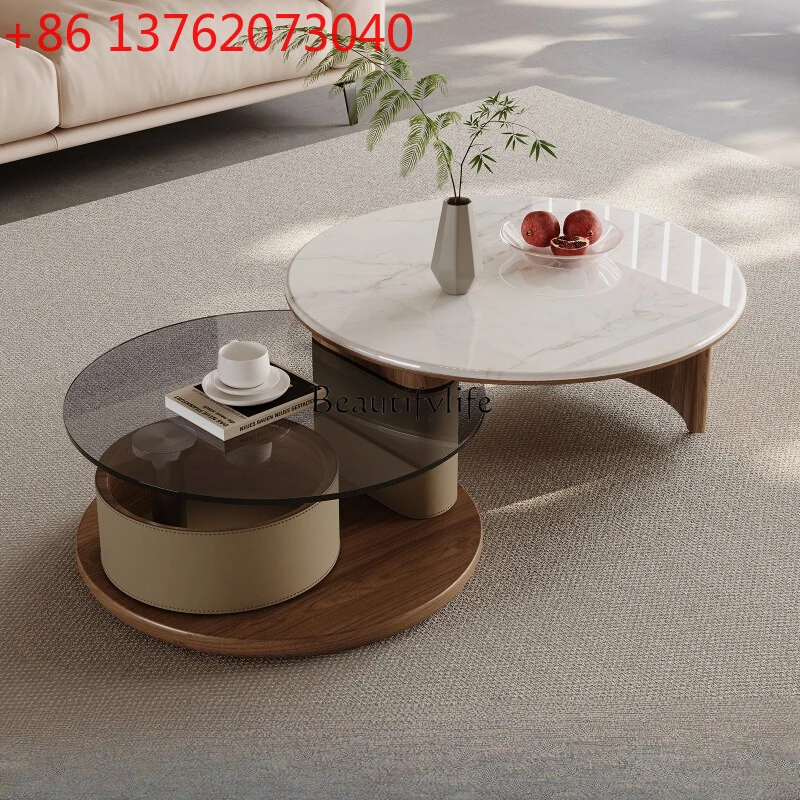 

Living room antique rotating coffee table household small glass light luxury modern high sense round 2025 new retro