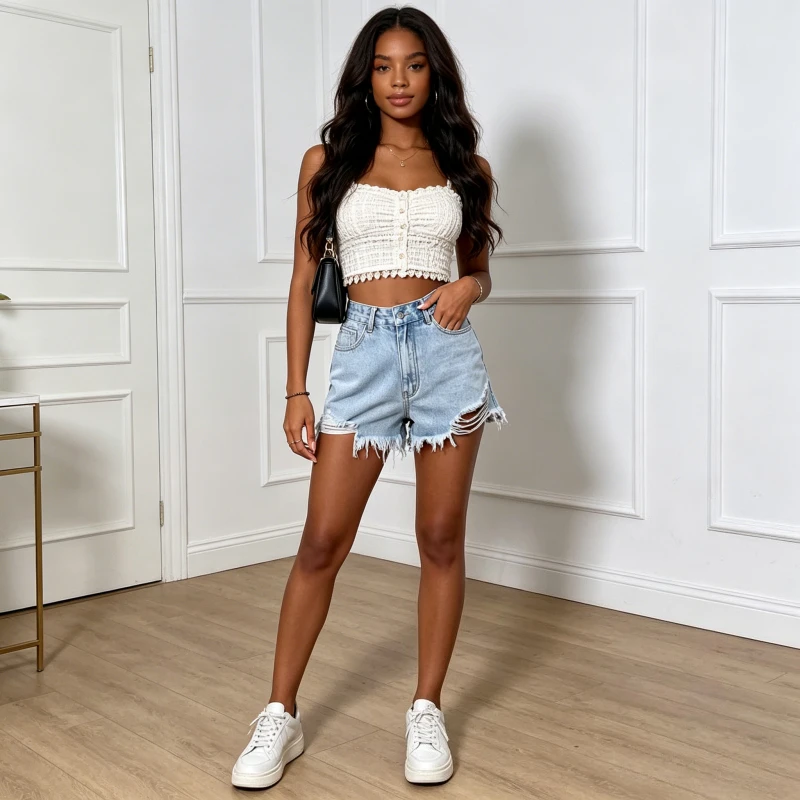 

Distressed Shorts Denim Women Jeans High Waist Sexy Slim Fit Ripped 2026 Washed Pockets Solid Hole Casual Basics Skinny Summer