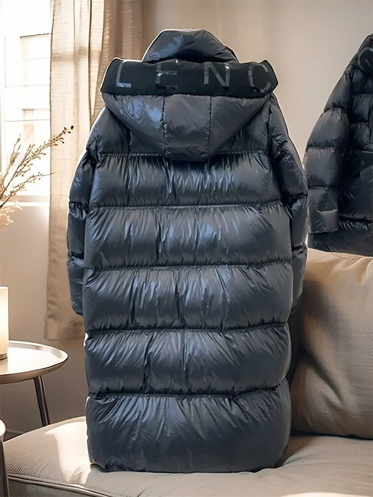 2025 جديد الخريف الشتاء الإناث مقنعين الأبيض بطة أسفل معطف الشتاء لامعة الدافئة سميكة طويلة سترة منفوخة يندبروف أبلى