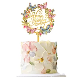 Espejo acrílico de 1/3 piezas para decoración de tarta de feliz cumpleaños, Flores, mariposas, suministros de decoración para fiesta de cumpleaños en casa