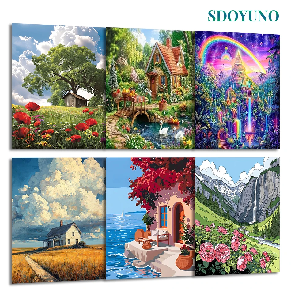 

SDOYUNO Painting By Number Adults New Diy Set Picture Frame For Handiwork Acrylic Paints Drawing Crafts Canvas Landscape hobby