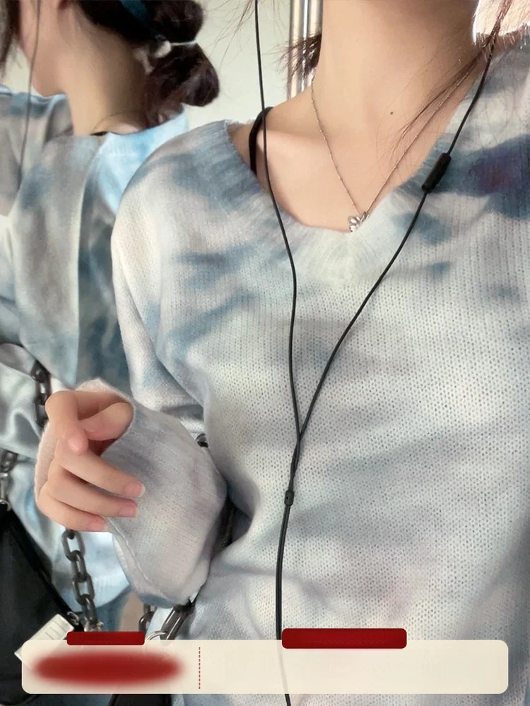 

Синий вязаный пуловер с V-образным вырезом и эффектом омбре, свободный женский кардиган, свитер в уличном стиле с длинными рукавами, осенняя мода DADASAMA