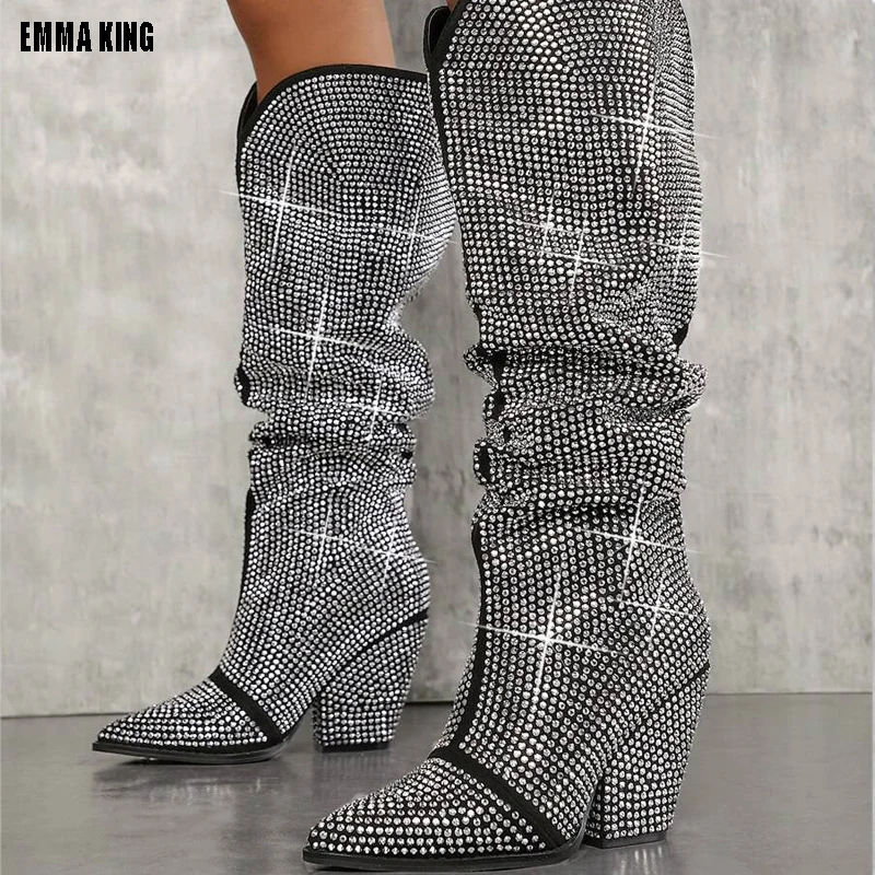 Shiny Crystal Women High Knee Boots Pointed Toe High Heels Long Boots Women Sexy Stiletto Pumps Designer Shoes Women Boots Trend