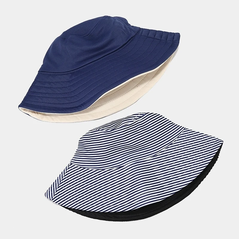 Women Striped Print Double Sided Sun Hat UV Protection Wide Brim Beach Cap