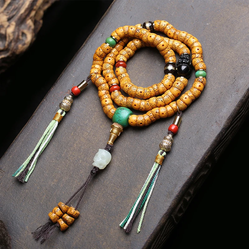 Natural Moon Bodhi Seed Beads 108-piece Buddhist Bead String with Obsidian, Coconut, Turquoise, and Agate Accessories