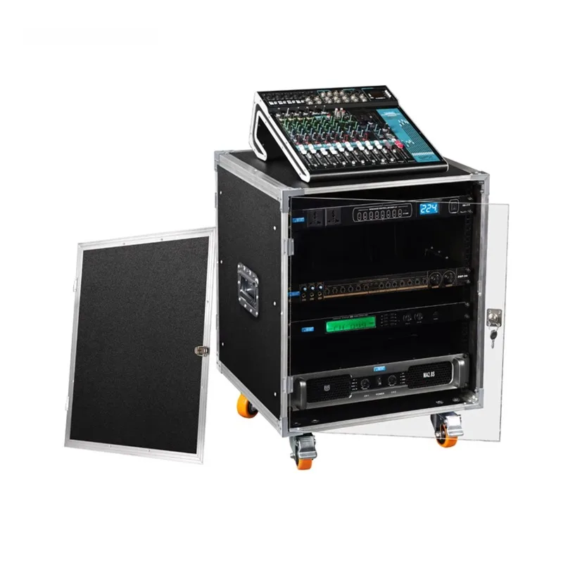 Rak Flight Case Aluminium 8U/10U/12U/16U dengan Roda, Penyimpanan Mixer Audio Amplifier, Kabinet Laci dengan Pintu Kayu/Transparan