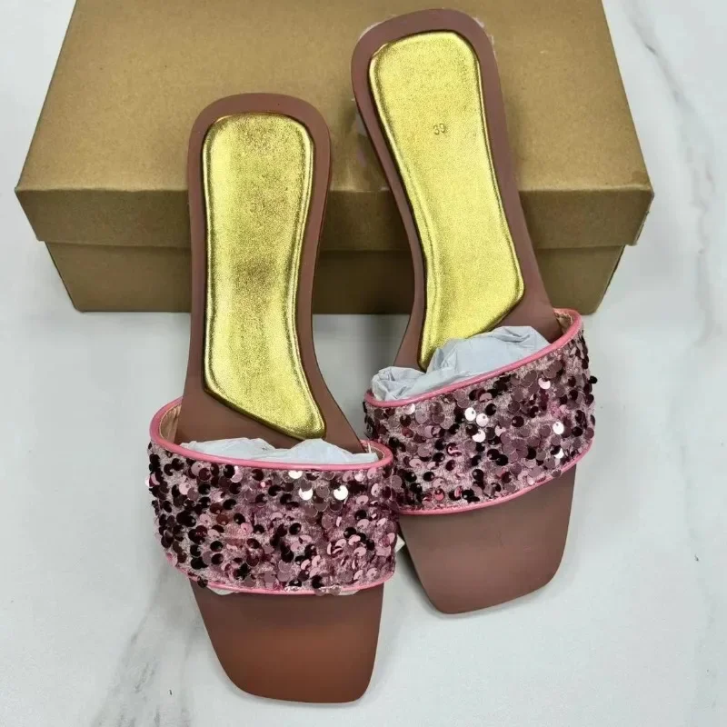 Elegant Bling Sequin Women's Slippers Fashion Square Toe Seaside Party Ladies Slides Outside Gold Sliver Summer Beach Shoes