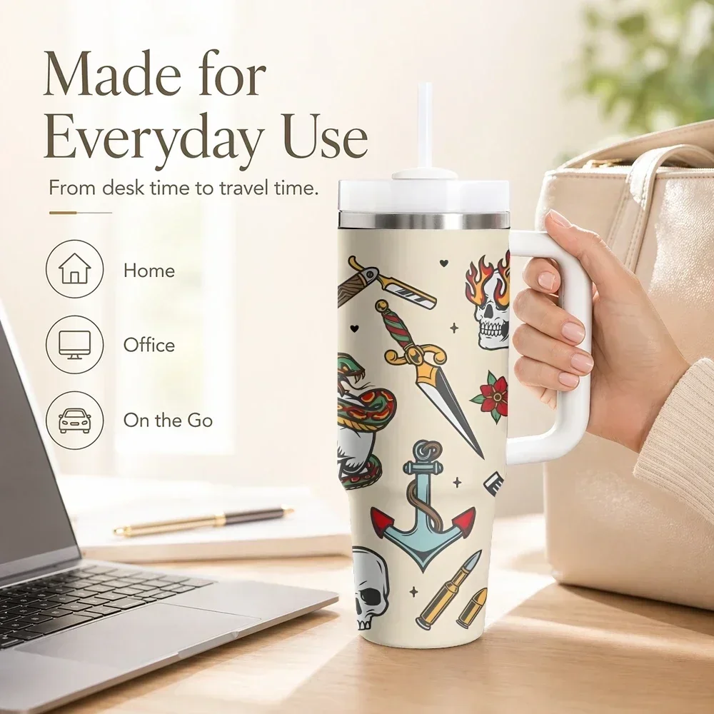 Old School Tattoos Inked Retro Vacuum Flasks 40oz Stainless Steel Insulated Tumbler with Handle Straw Cup Daily Travel Mugorders for other colors will be shipped randomly in black or white